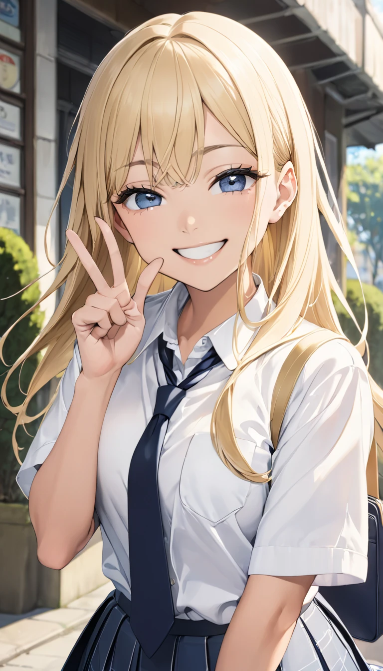 Marine Kitagawa、 blond long hair 、High school girl、 white collared shirt、 Pleated Skirts、smile、 holding a bag peace sign near his face、Two fingers