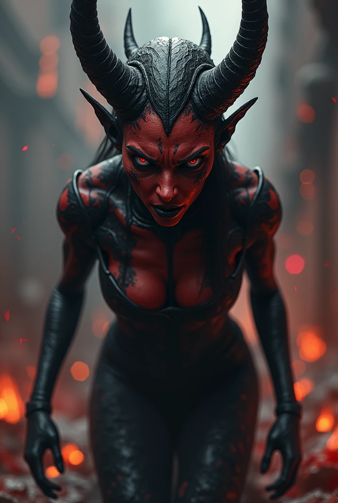 (black demon:1.5),(beautiful female model:1.5), (demoness with Large horns:1.25),(1 super muscular succubus with flayed skin:1.5), (covered in thick muscle suit:1.5), (exposed perfect anatomy:1.5), high detail, best quality, masterpiece, finely detail, realistic skin texture, 85 mm art lens, f 1.2, sharp focus, 8 k high definition, insanely detailed, intricate, hell background, glowing red eyes, dark hair, glowing hell background, holding flame whip, black snake skin