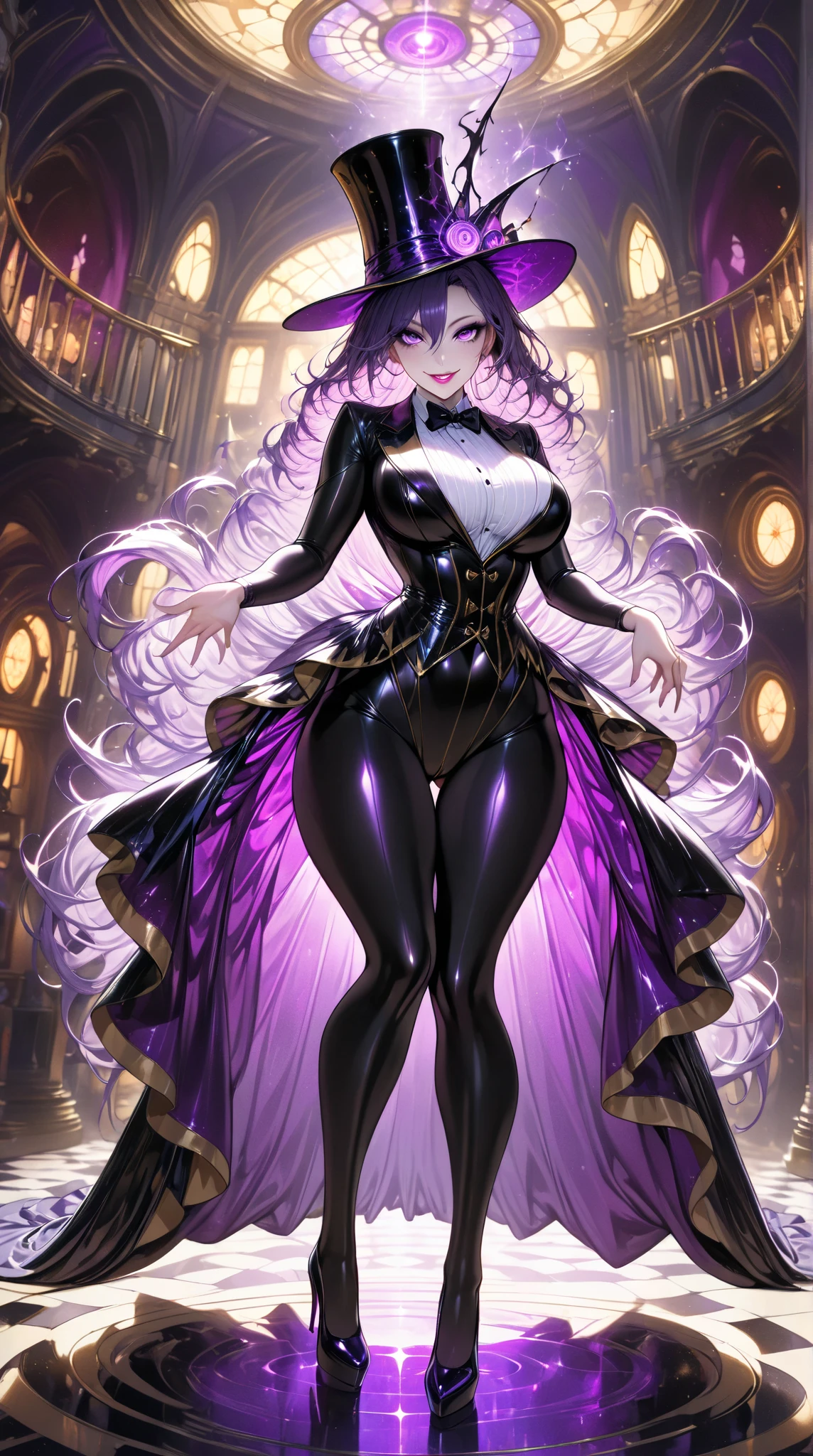  1 mature beautiful woman ,( best quality, very detailed depiction, incredibly absurd high definition,Curvaceous Body),(A bewitching woman is dressed as a magician:1.3),( magician costume , tuxedo, white shirt,Bow tie,Top Hat:1.3, leotard,latex, black tights, boots),(Glowing purple eyes, half-closed eyes:1.3,Crazy Eyes, bewitching smile,Glossy lips,Flashy makeup, eyeshadow,Beautiful legs, shiny skin,Seductive gestures), full body image:1.3,Inside a dark museum