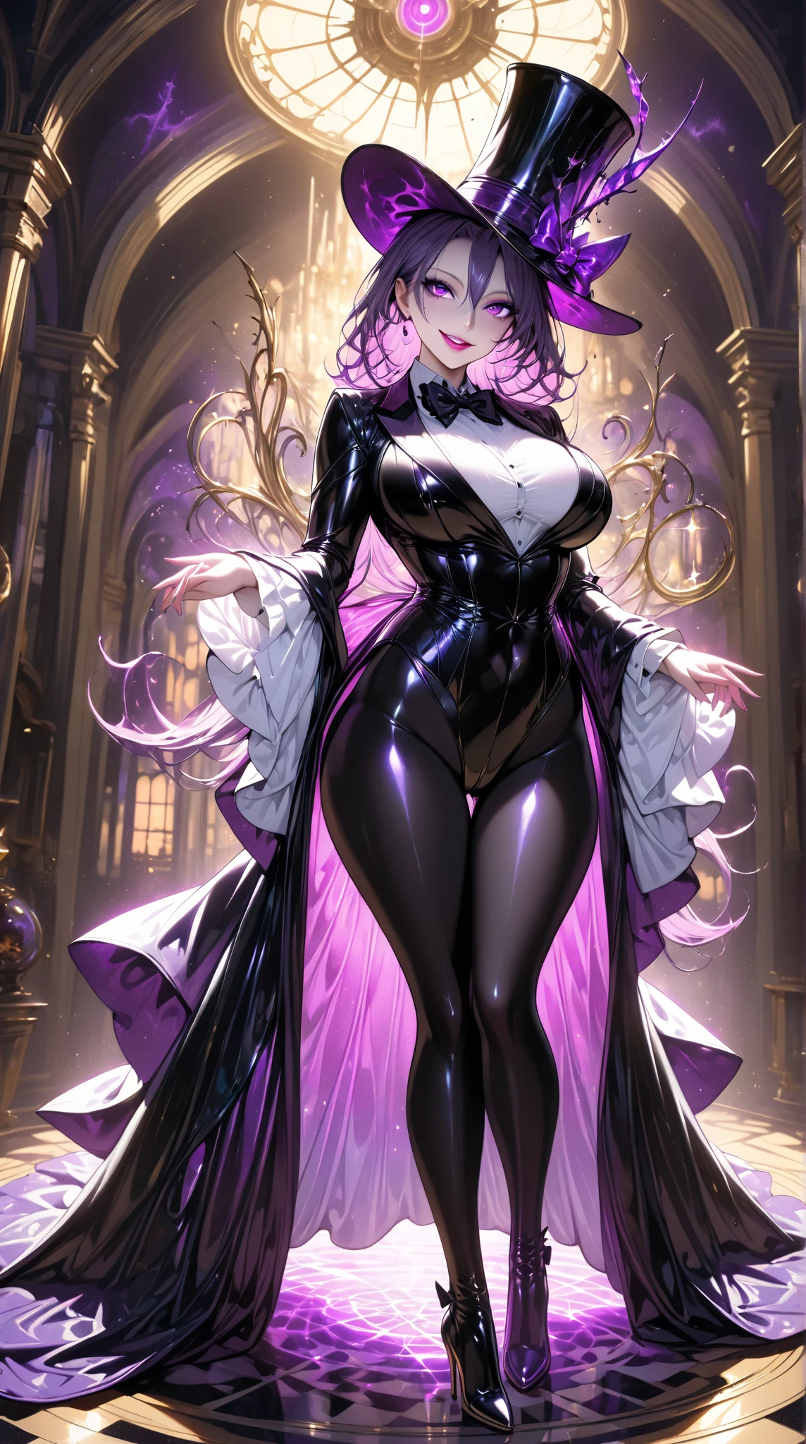  1 mature beautiful woman ,( best quality, very detailed depiction, incredibly absurd high definition,Curvaceous Body),(A bewitching woman is dressed as a magician:1.3),( magician costume , tuxedo, white shirt,Bow tie,Top Hat:1.3, leotard,latex, black tights, boots),(Glowing purple eyes, half-closed eyes:1.3,Crazy Eyes, bewitching smile,Glossy lips,Flashy makeup, eyeshadow,Beautiful legs, shiny skin,Seductive gestures), full body image:1.3,Inside a dark museum