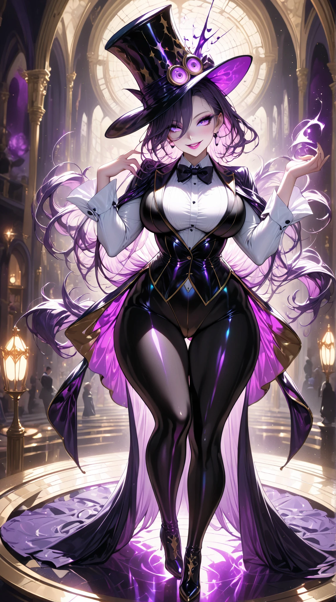  1 mature beautiful woman ,( best quality, very detailed depiction, incredibly absurd high definition,Curvaceous Body),(A bewitching woman is dressed as a magician:1.3),( magician costume , tuxedo, white shirt,Bow tie,Top Hat:1.3, leotard,latex, black tights, boots),(Glowing purple eyes, half-closed eyes:1.3,Crazy Eyes, bewitching smile,Glossy lips,Flashy makeup, eyeshadow,Beautiful legs, shiny skin,Seductive gestures), full body image:1.3,Inside a dark museum