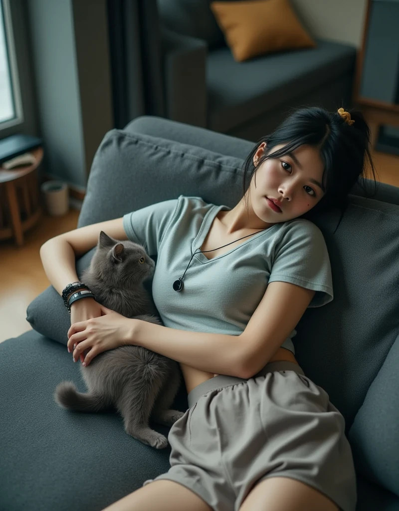 35mm photo, film, professional, 4K, highly detailed photo, Asian woman lying on a sofa in a dimly lit London apartment room, cinematic photo, Grumpy (28 years old: 1.5), dark-haired, (thin: 1.3), medium-sized breasts, thin legs, wearing platform boots, face looks listless and disinterested, hair tied in a messy ponytail, skin very pale, thin, small face, very big breasts, wearing a short skirt and cropped T-shirt, simple pendant with black string around neck, woman lying on sofa with grey cat, 35mm photo, film, professional, 4K, highly detailed