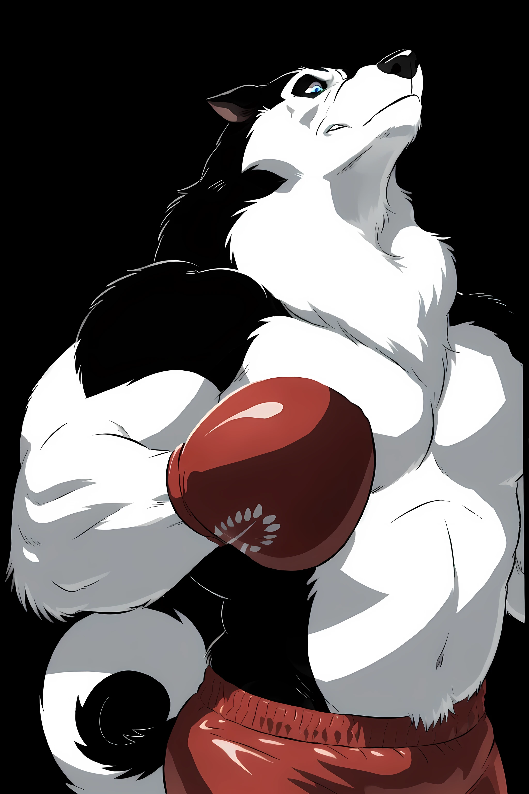 steele (balto), alaskan malamute, detailed, detailed face, ice blue eyes, piercing gaze, stern face, detailed eyes, anthro body, male, adult, heavyweight, very muscular:1.1, cartoon shading, cel shaded:1.0, confident, boxing trunks, (wearing boxing gloves, detailed boxing gloves):1.1, (no background, black background):1.5, bare chest, by wfa, by negger, puffed chest, boxing pose,