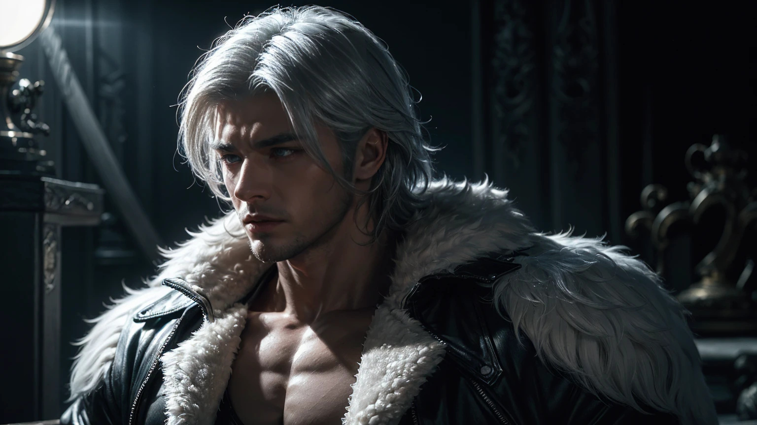 young man with pony tail white hair and silver eyes, six-pack abs, bare the upper body, in dark forest, in the night, dark ilumination