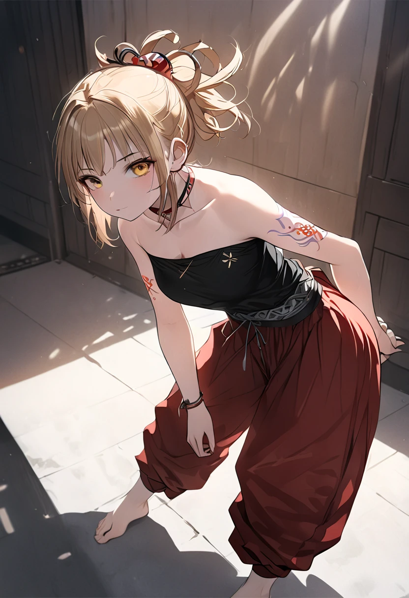 A girl with a collar, baggy pants, barefoot, (best quality,4k,8k,highres,masterpiece:1.2),ultra-detailed, moody lighting,dramatic shadows,warm soft colors,cinematic, red pants , whole body, dynamic pose,full body shot, dynamic pose, white background, 1girl, (\xiao gong\), blonde hair,ponytail, hair ornament,yellow eyes, chest tattoo,arm tattoo
