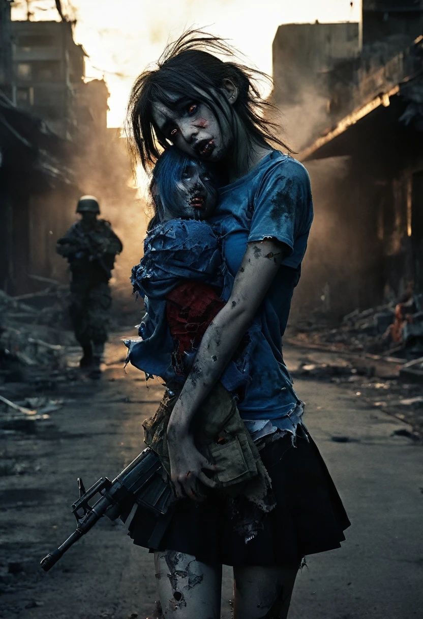 walpepper 8K quality, very detailed images. (torn clothes), beautiful Japanese girl zombie, showing her from a torn t-shirt, blue skin, red eyes, holding the head of a soldier, hands pulling her hair, looks cute, carrying the  of a military soldier, for her bullshit, walking through a dystopian city, smoke , destruction, golden hour (NSFW:1.8), sexy, hot