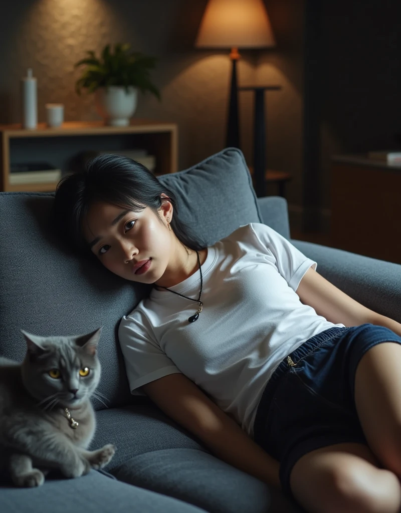 35mm photo, film, professional, 4K, highly detailed photo, Asian woman lying on a sofa in a dimly lit London apartment room, cinematic photo, Grumpy (28 years old: 1.5), dark-haired, (thin: 1.3), medium-sized breasts, thin legs, wearing platform boots, face looks listless and disinterested, hair tied in a messy ponytail, skin very pale, thin, small face, very big breasts, wearing a short skirt and cropped T-shirt, simple pendant with black string around neck, woman lying on sofa with grey cat, 35mm photo, film, professional, 4K, highly detailed