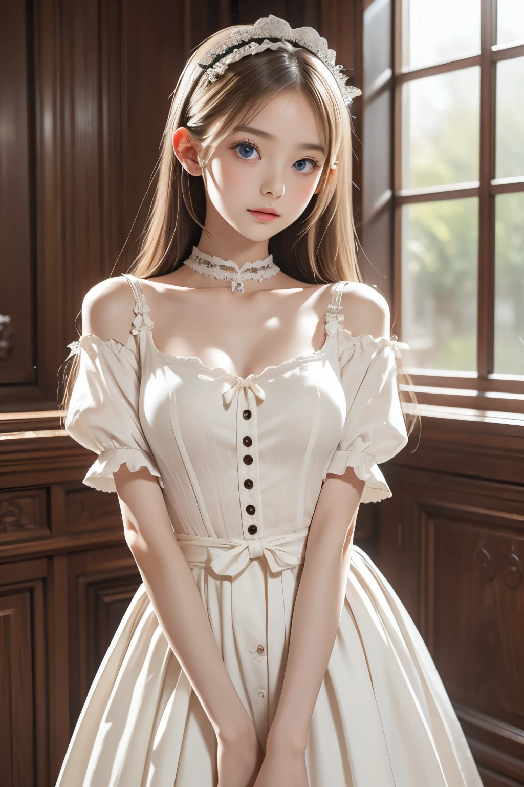 Photo of a young Japanese girl, Embodying the Lolita fashion style, (Checkered frilly outfit), Long, curly black hair cascading down to her shoulders, Skin like a porcelain doll, (Detailed facial features with intricately painted lips and rosy cheeks), Carefully wrapping a pastel-colored parasol, (vintage bedroom setting with floral wallpaper and soft, Old furniture), sitting elegantly in a floral armchair, (Warm colors and sophisticated vintage lighting),Canon EOS R6 and 50mm lens、F/1.4 Aperture, Capturing every detail (4K resolution) for (soft