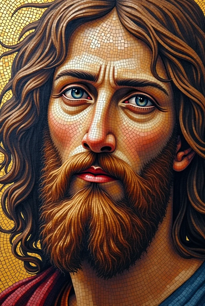 a close up of a mosaic of a man with a beard, a mosaic inspired by Cimabue, pixabay, computer art, byzantine mosaic, artwork roman mosaic, roman face, mosaic, fayum portrait, ancient roman mosaic, roman mosaic, byzantine, mummy portrait, ai enhanced digital art, a face, jesus face, face in detail, orthodox mosaic