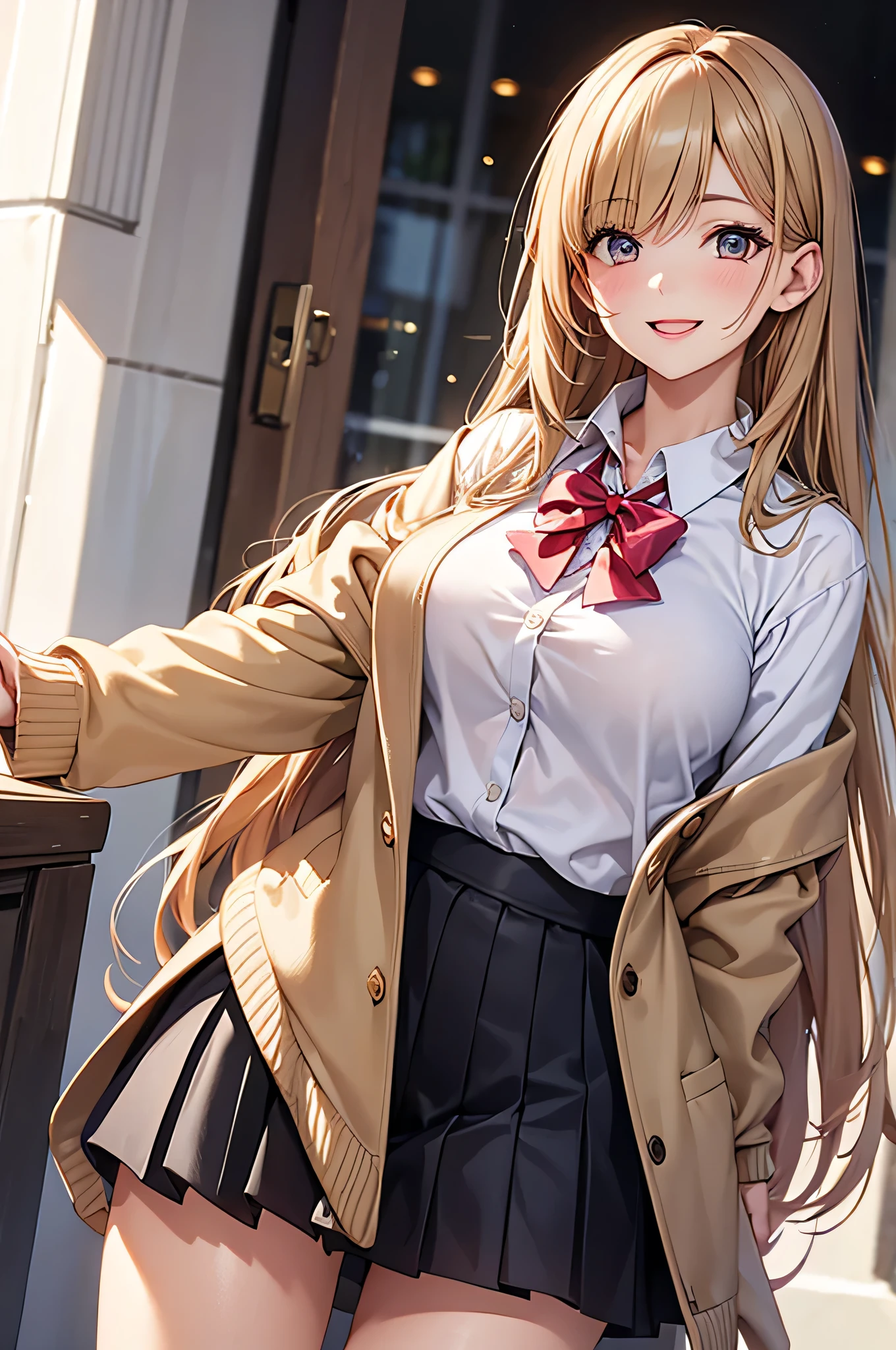  adult woman laughing, Alone,  sexy,8K resolution,(( best quality)), ultra high resolution, (Happy face ), ( Brown Eyes ),  beautiful symmetrical face , ( golden long hair), pink cardigan ,White shirt, uniform skirt,Realistic:1.4,Realistic:1.4,(masterpiece:1.2), perfect eyes,Perfect Eyes, anatomically correct human body ,Perfect waist,Perfect thighs,Holding a soft serve ice cream,(Open your mouth:0.8)