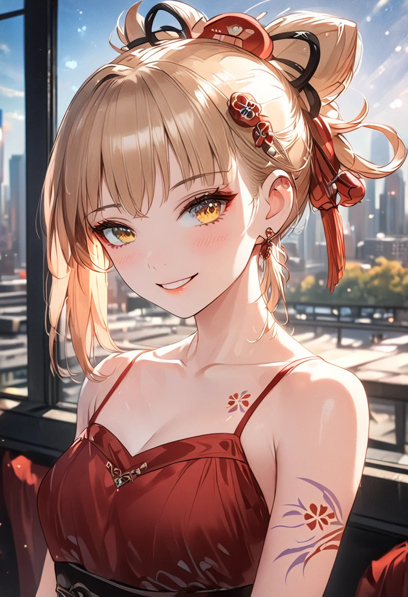 a girl wearing a casual red dress and shoes, smiling and friendly, cityscape background, best quality, 4k, 8k, highres, masterpiece:1.2, ultra-detailed, UHD, studio lighting, ultra-fine painting, sharp focus, physically-based rendering, extreme detail description, professional, vivid colors, bokeh, portrait, cityscape, warm colors, natural lighting, full body,, 1girl, (\xiao gong\), blonde hair,ponytail, hair ornament,yellow eyes, chest tattoo,arm tattoo, whole body, dynamic pose