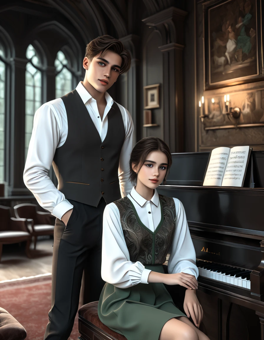 sketch man sits at the piano and plays it for a girl writing a melody for her man he is 22 years old  ((with brown eyes)), Beautiful, brown short hair in a white shirt,  dark gray classic vest , black trousers , ((( and next to a man leaning on the piano is )))  a 22-year-old girl with brown long flowing straight hair and blue eyes ,  in a short emerald colored modern fashionable sexy beautiful dress with round sleeves voluminous against the Arafed background room with a piano and a window in it, gothic epic library concept, gothic epic library, gothic library, alchemist library , unreal engine render concept art, castle library, dusty library,  unreal fantasy art engine, ancient library, library of ruina concept art, photorealistic dark concept art,  dramatic lighting . concept art, inside a castle library, Старая библиотека photo realistic illustration, hyper realistic illustration, realistic illustration, photorealistic detail , hypper realistic illustration, extreme realistic detail, photorealistic detail ed picture, с unreal engine render concept art, ), Ultra-detailed and beautiful face,( Gentle facial expression :1.1),translucent white skin,(Реалистичный skin texture:1.1), , Bold design , Art design ,Beautiful and detailed pattern, Detailed fabric texture, ((1 man, 1 girl)) (romantic sensual scene for a novel :1.1)