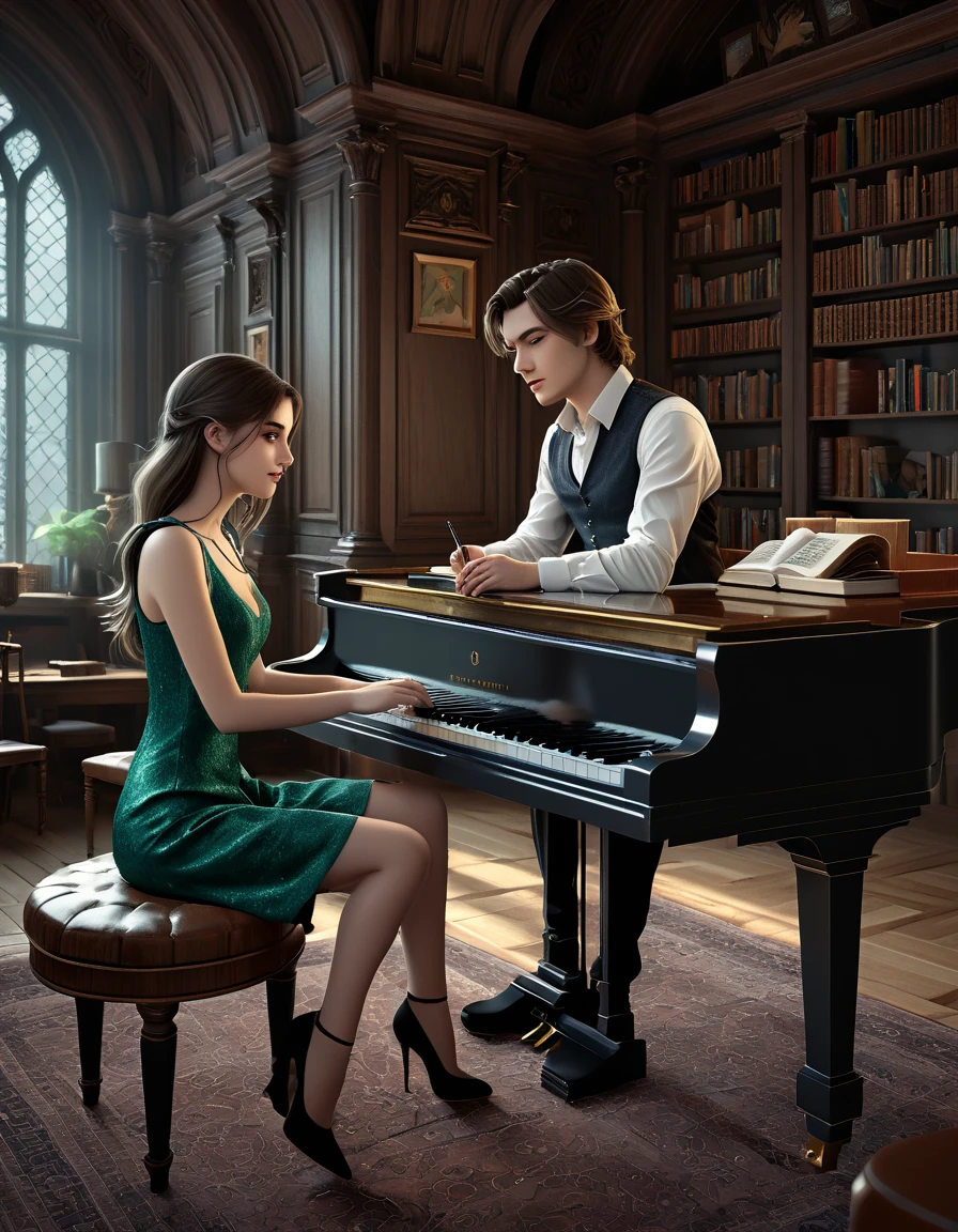 sketch man sits at the piano and plays it for a girl writing a melody for her man he is 22 years old  ((with brown eyes)), Beautiful, brown short hair in a white shirt,  dark gray classic vest , black trousers , ((( and next to a man leaning on the piano is )))  a 22-year-old girl with brown long flowing straight hair and blue eyes ,  in a short emerald colored modern fashionable sexy beautiful dress with round sleeves voluminous against the Arafed background room with a piano and a window in it, gothic epic library concept, gothic epic library, gothic library, alchemist library , unreal engine render concept art, castle library, dusty library,  unreal fantasy art engine, ancient library, library of ruina concept art, photorealistic dark concept art,  dramatic lighting . concept art, inside a castle library, Старая библиотека photo realistic illustration, hyper realistic illustration, realistic illustration, photorealistic detail , hypper realistic illustration, extreme realistic detail, photorealistic detail ed picture, с unreal engine render concept art, ), Ultra-detailed and beautiful face,( Gentle facial expression :1.1),translucent white skin,(Реалистичный skin texture:1.1), , Bold design , Art design ,Beautiful and detailed pattern, Detailed fabric texture, ((1 man, 1 girl)) (romantic sensual scene for a novel :1.1)