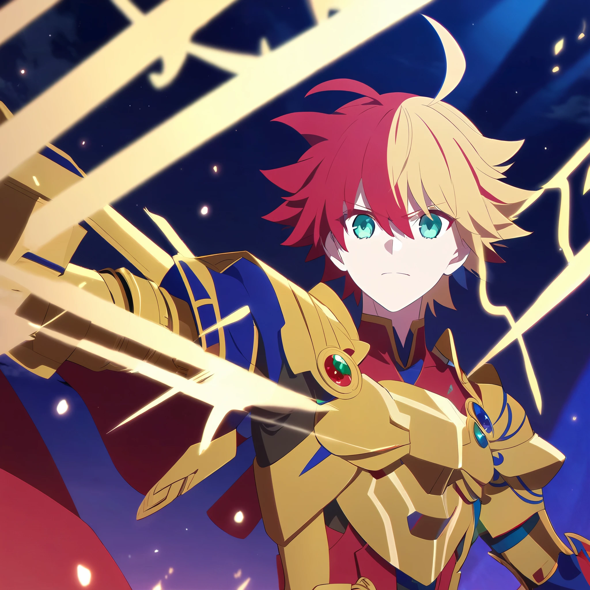 Anime Style, Male/Boy, Red Hair, Blonde Multicolored hair,ahoge, Short Hair, Green eyes, Red Blue outfit, Gold Armor, Fate Grand Order Style, Night Background, Fusion