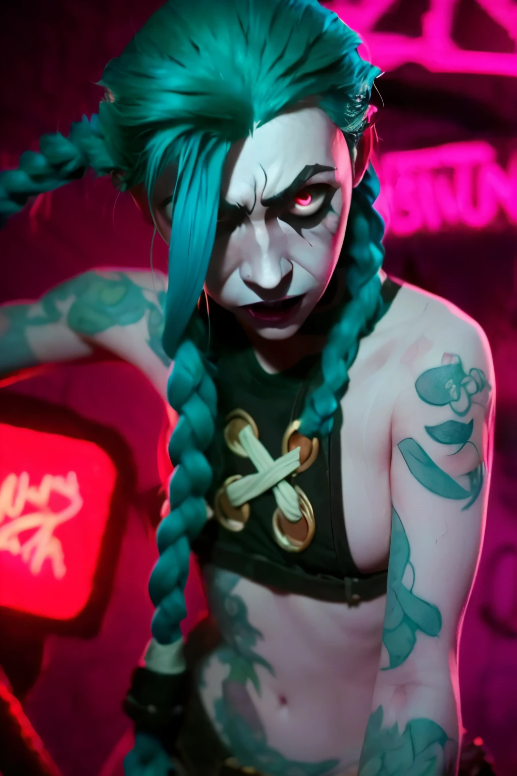 Hyper realistic super detailed Jinx cosplay , Young girl, , Very detailed, (hyper realistic: 1.4), in dynamic pose, angry face, twin braids, long hair, blue hair, red eyes, tattooed arm , ((angry face)), arcane style. ((Grunge Neon grafitti background, cinematic lighting)).