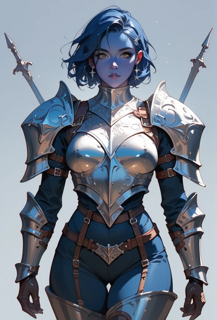 female knight in body armor and dark pants, with long dark blue hair and blue skin.