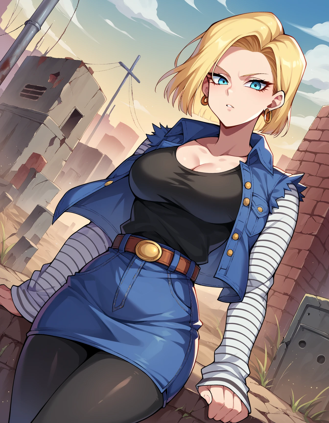 score_9, score_8_up, score_7_up, source_anime,
android18, android 18, blonde hair, blue eyes, eyelashes, hoop earrings, short hair, earrings,
belt, black legwear, black shirt, breast pocket, cleavage, collarbone, denim, denim skirt, high-waist skirt, jewelry, long sleeves, pocket, shirt, shirt tucked in, skirt, striped, striped sleeves, waistcoat,
outdoors, wasteland,
looking at viewer, dutch angle, cowboy shot,