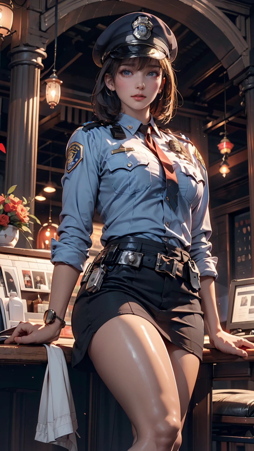 Alone, (Police uniform, Police Officer),  stockings, Citylights, ( watching the audience: 1.3), Release your lips,  red lips, shiny skin,  dents on the skin ,  best quality,   ultra high resolution, ( realism: 1.4),   high leg