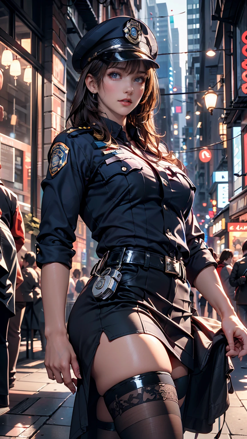 Female policewoman in Japan,Beautiful French cityscape with lush greenery,(Many flowers are blooming:1.2),Serious face,focal,电影灯光,(((tmasterpiece))), ((best qualtiy)), ((intricate and detailed)), ((Ultra-realistic realism)), Ultra-high resolution, Japanese actressl, 23years old, see -through, ighly detailed, illustratio, 1girll, (Colossal tits), skinny waist and thick hips,long legged,beatiful detailed eyes, short detailed hair, brunette color hair, beautiful smiling face, a purple eye, (Super dense and sexy police uniform:1.2),Police Hat,Miniskirt ,Police Jacket,pantyhose, high-heels,细致背景, perfect eyes, mesmerizing eyes, looking at viewert,parfect lighting,(An incident has occurred、Hurry to the scene:1.4),dynamic ungle
