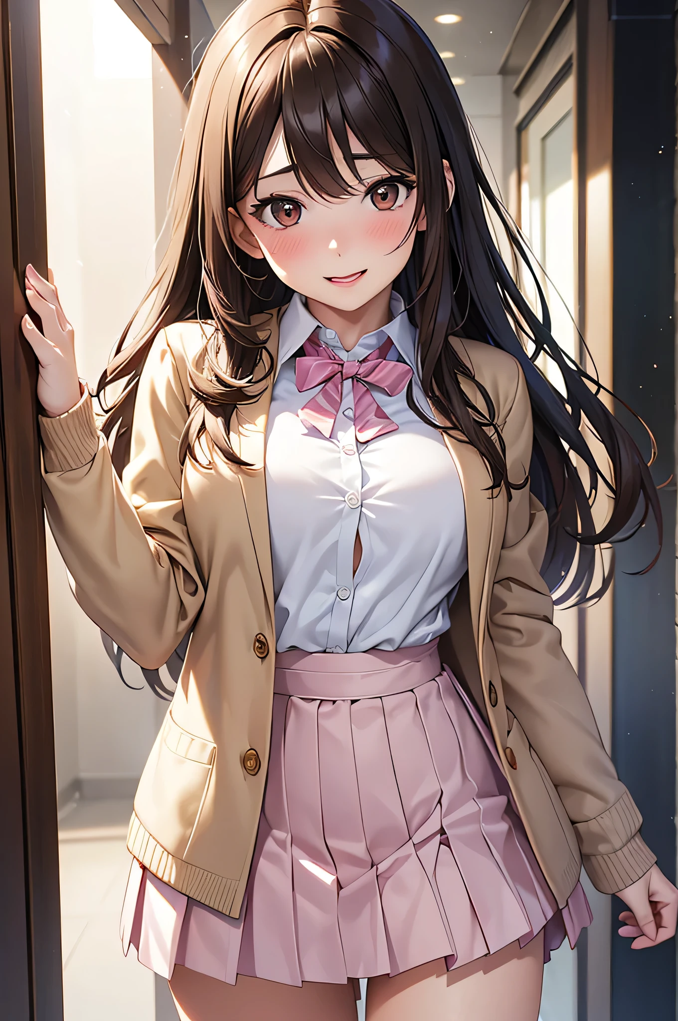  adult woman laughing, Alone,  sexy,8K resolution,(( best quality)), ultra high resolution, ( embarrassed face), ( Brown Eyes ),  beautiful symmetrical face , ( golden long hair), pink cardigan ,White shirt, uniform skirt,Realistic:1.4,Realistic:1.4,(masterpiece:1.2), perfect eyes,Perfect Eyes, anatomically correct human body ,Perfect waist,Perfect thighs