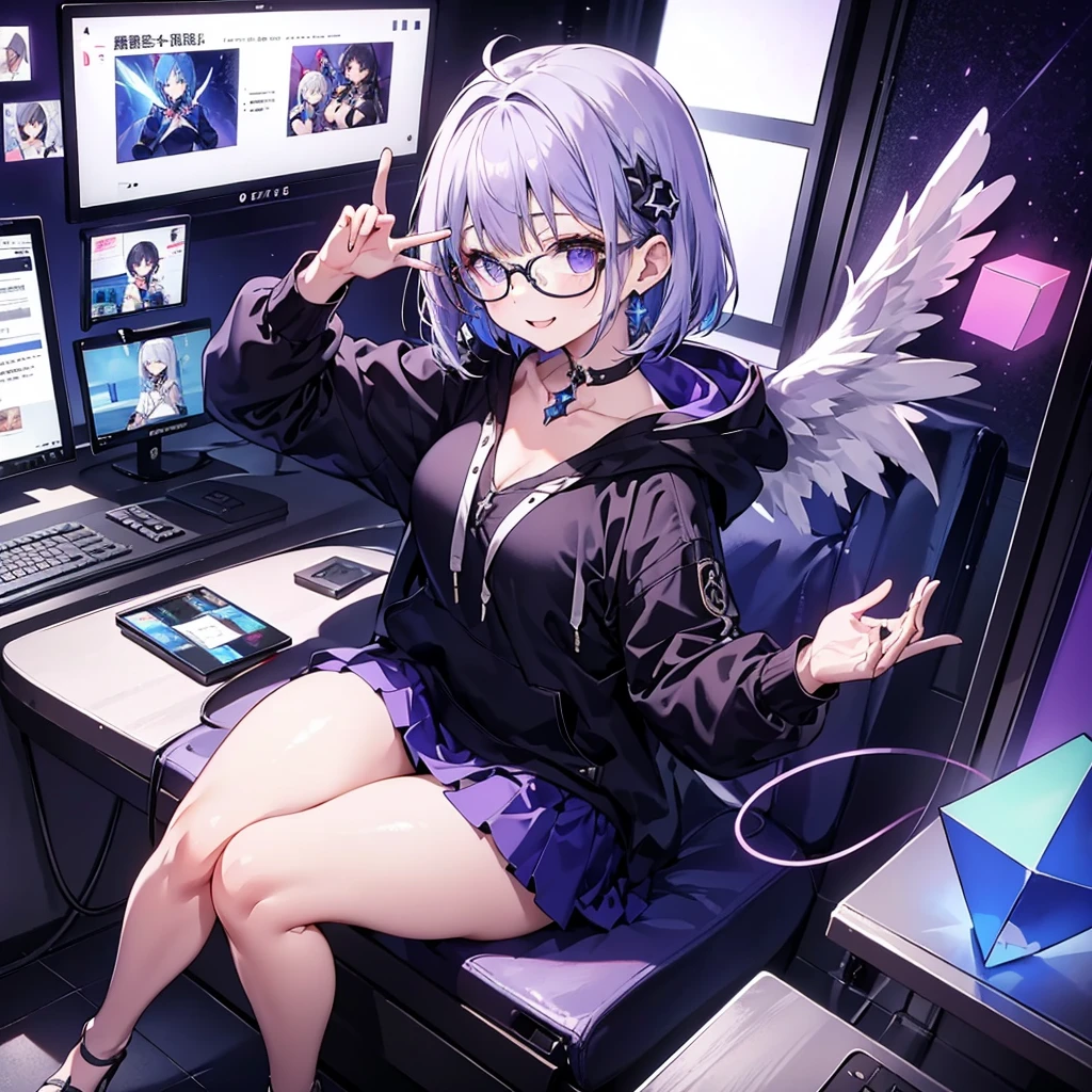 solo1.8、 High Quality、Bird's-eye view from above composition 1 .7、Seiko no Hand 1 .5、 black bob cut、 sitting on the purple cube in front of the monitor 、black simple hoodie and purple mini skirt 1.6、 Fleshy Thighs 1 .3、 with a silver light cube floating in the right hand 1.7、voluptuous0.6、Angel Girl Sandalphone 1 .8、Confident smile without opening her mouth1 .1、black rimmed glasses 1.4、dark room 1 .8