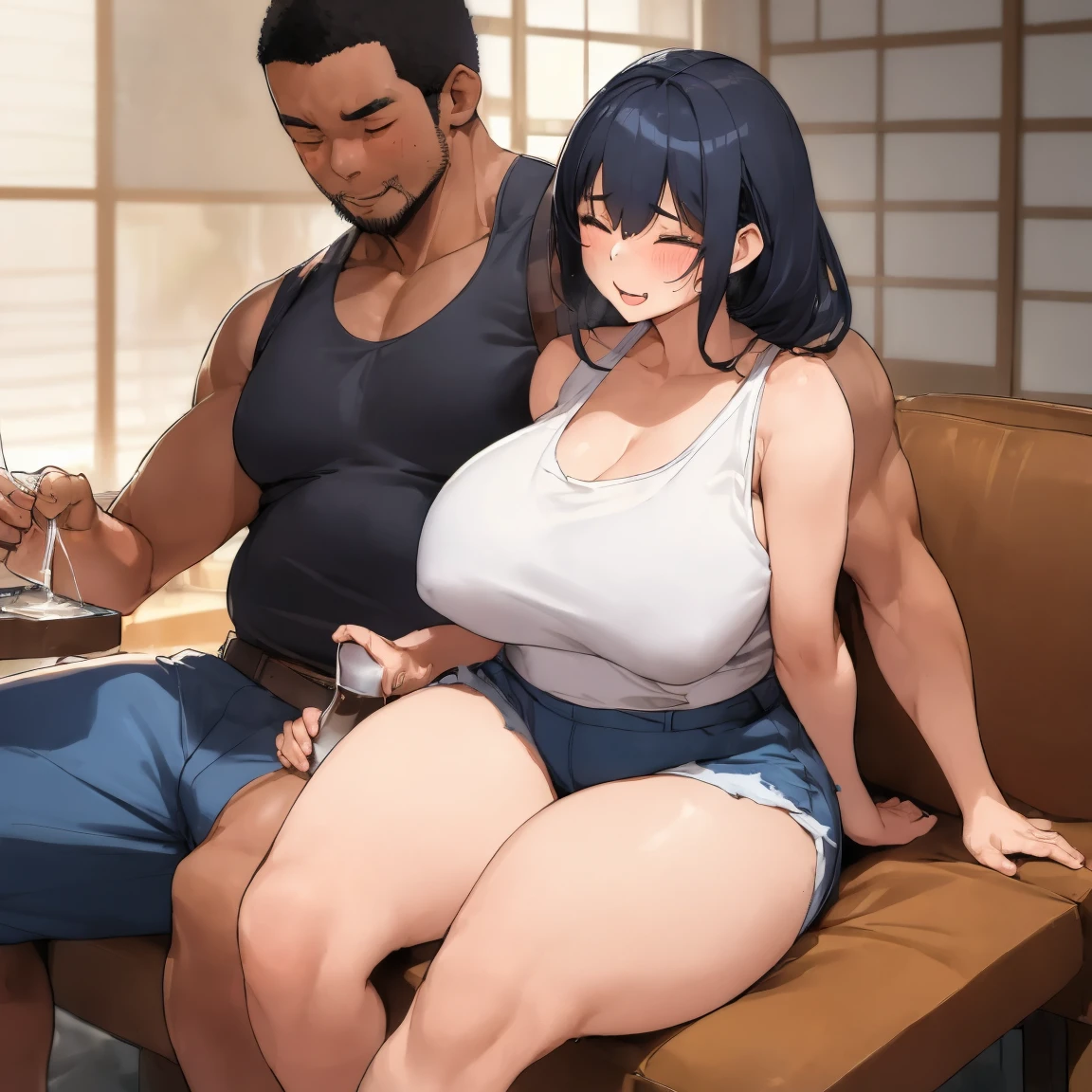 (((Man and Woman Alone )))、1 Japanese 40-year-old woman 、 1 large 20-year-old male of black African descent 、 Very Big Breasts、Very big ass、 wide hips、 tank top 、 shorts 、 African black men are muscular and big, sit side by side on the couch、LOL、fun、happy、Closely attached、 Brushing Her Hand Over Her Shoulder 、 Rubbing Boobs 、Drunk、Drinking alcohol,living、There are many containers of sake on the low table ,age difference,1girl,1boy