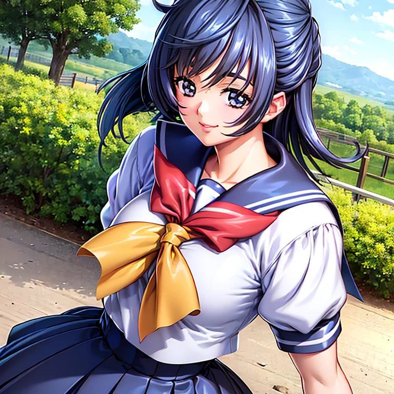  ((1girl)), (best quality), (masterpiece), (focus on face), つやのある肌, arm behind back, smile, voluptuous, glistening breast, school uniform, sailor suit, medium large breasts