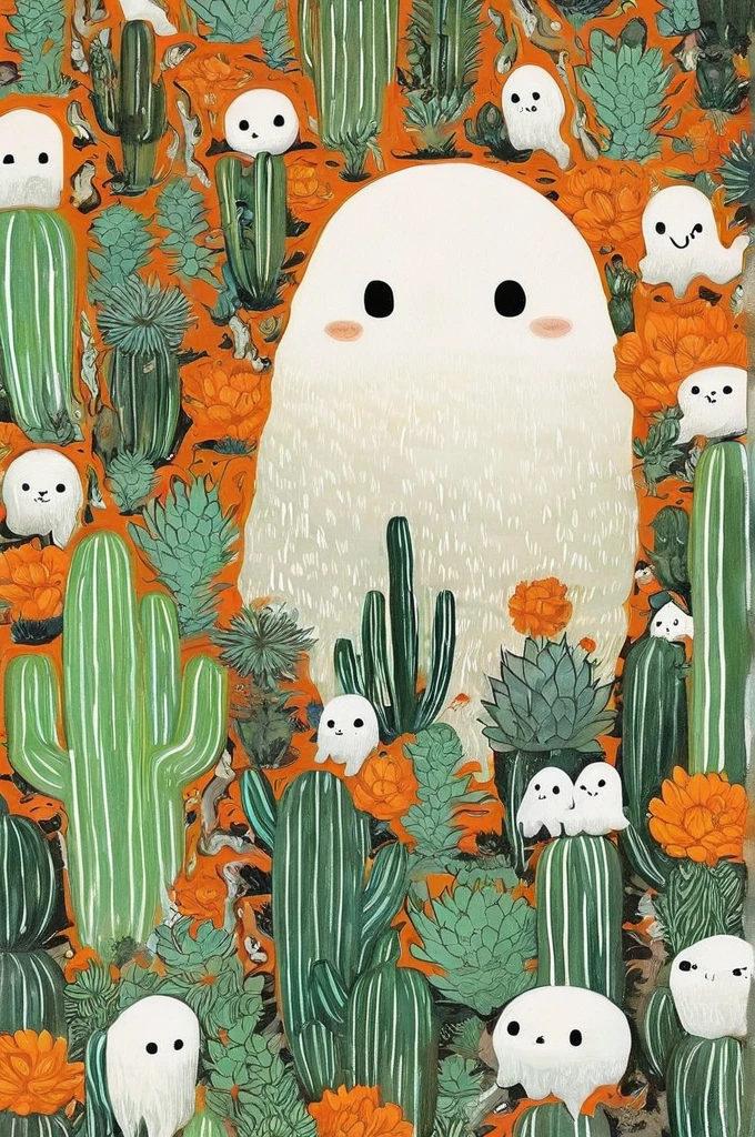 painting of a Ghost in a cactus garden with orange flowers, floating Ghost, Ghostly spirits, Ghost,  ghost atmosphere , scary Ghost, Haunted Paintings ,  horrible, Ghostly form, casper the friendly Ghost, Ghostly atmosphere, Ghost neon, Haunted and scary , cute funny Ghost, enveloped in Ghost、 ghostly appearance {x} lots of succulents、デフォルメされたオバケ