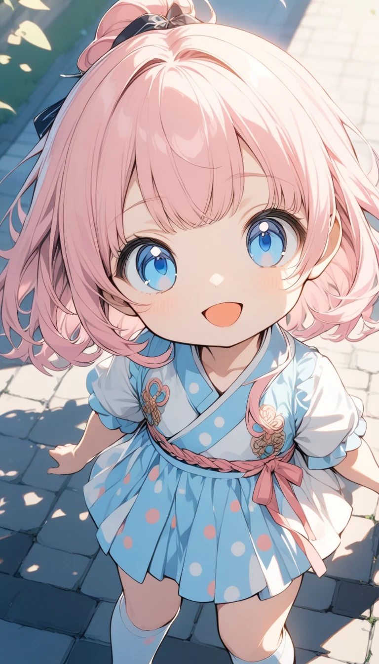 Anime Style, super detailed illustration, very detailed, beautiful, 8k,
( Alone), Cute Baby Face , Super cute,Open your mouth, Best smile, (Uljang fashion :1.4), (Outdoor, Town Street)
, Pink Hair, short linear bang, smile, blue eyes,
, forefoot pose , cabelo o olho esquerdo
,(Spotted sunlight:1.2),Blur,( The depth of boundaries is written:1.1), head tilt ,(Thigh high socks thigh high:1.3),( upper body:1.3)