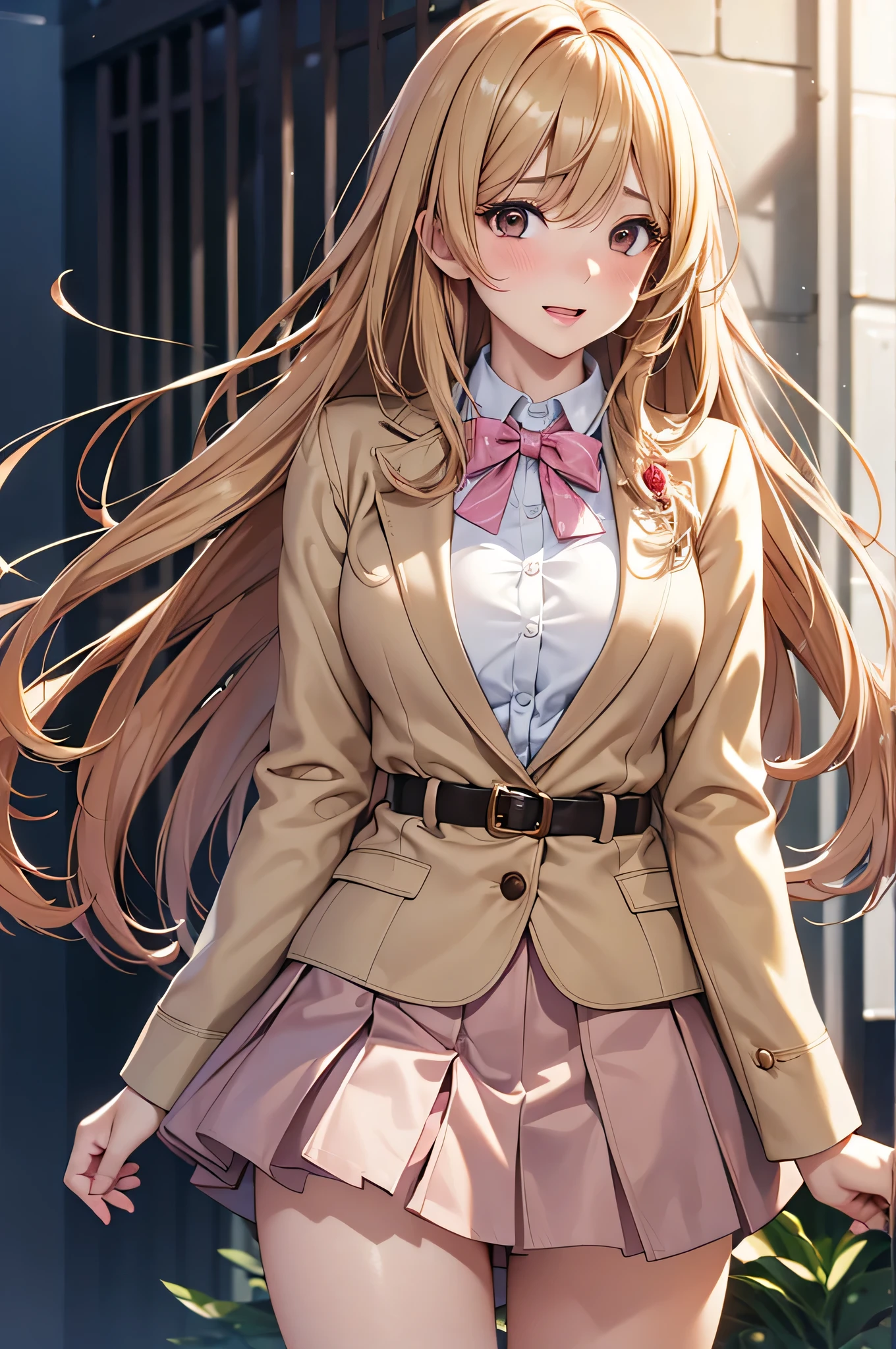  adult woman laughing, Alone,  sexy,8K resolution,(( best quality)), ultra high resolution, ( embarrassed face), ( Brown Eyes ),  beautiful symmetrical face , ( golden long hair), pink cardigan ,White shirt, uniform skirt,Realistic:1.4,Realistic:1.4,(masterpiece:1.2), perfect eyes,Perfect Eyes, anatomically correct human body ,Perfect waist,Perfect thighs