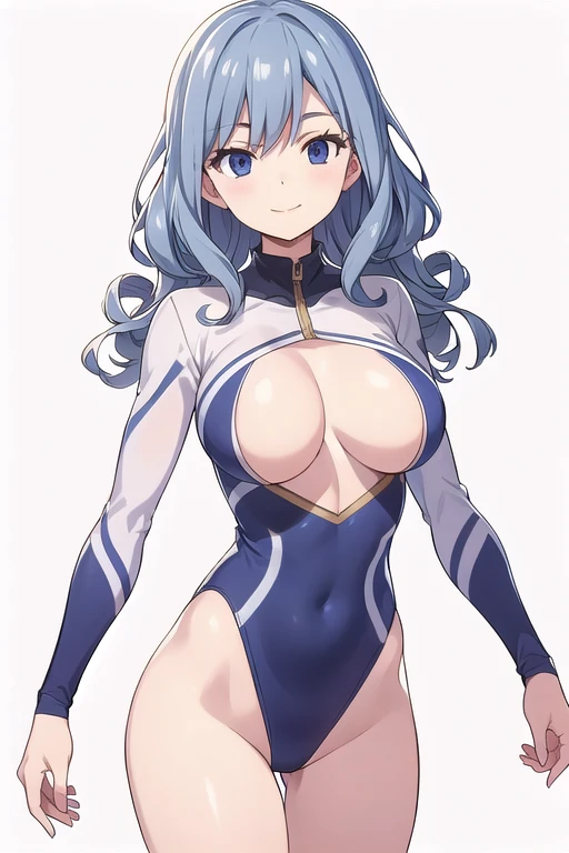 Juvia Lockser, blue eyes, blue hair, long curly hair, mature female, gymnast tight leotard, long sleeves, big chest, calm smile, perfect waist, large breasts