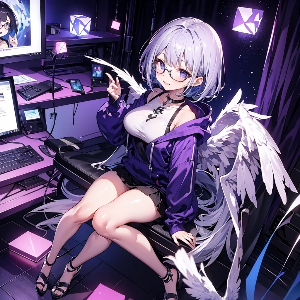 solo1.8、 High Quality、Bird's-eye view from above composition 1 .7、Seiko no Hand 1 .5、 black bob cut、 sitting on the purple cube in front of the monitor 、black simple hoodie and purple mini skirt 1.6、 Fleshy Thighs 1 .3、 with a silver light cube floating in the right hand 1.7、voluptuous0.6、Angel Girl Sandalphone 1 .8、Confident smile without opening her mouth1 .1、black rimmed glasses 1.4、dark room 1 .8