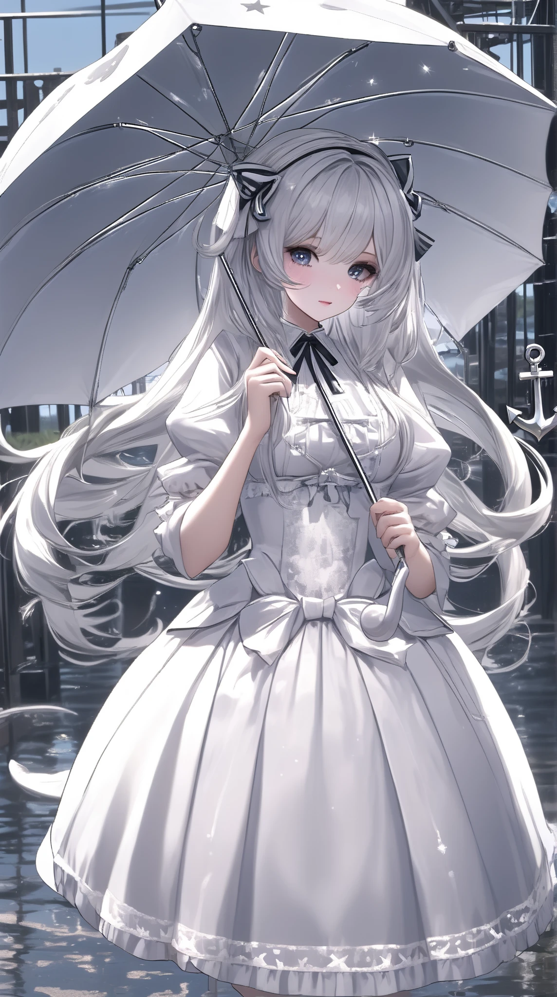  Best Quality ,  high detail,  Ultra HD, game，Role setting，Women，long hair,  White Silver Lolita Hair Band , Anchor Accessory , Big breasts， Wearing a Silver Lolita Dress，（ Star Pattern Design ）， Handheld White Silver Umbrella ，8k,optical illusion, 