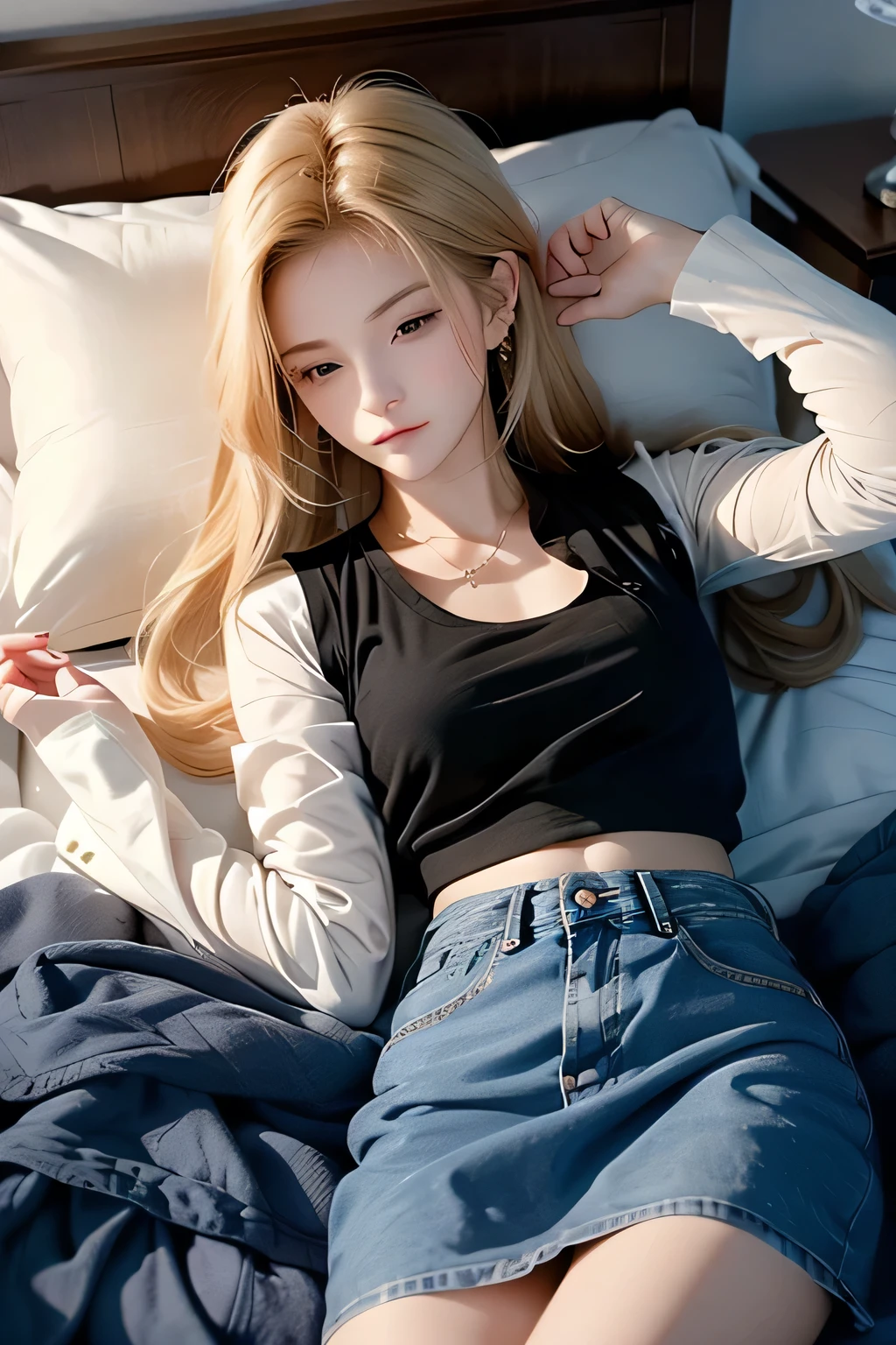 A young girl, Android18 solo, peacefully asleep, lies on a comfortable bed adorned with soft pillows and blankets. Her blonder hair cascades gently around her serene face, The girl is dressed in a denim mini skirt and black t-shirt and long sleeves and mini denim vest, a playful choice that hints at her youthful spirit even in slumber. The image captures a moment of tranquility and innocence, inviting viewers to appreciate the beauty and serenity of a peaceful sleep.