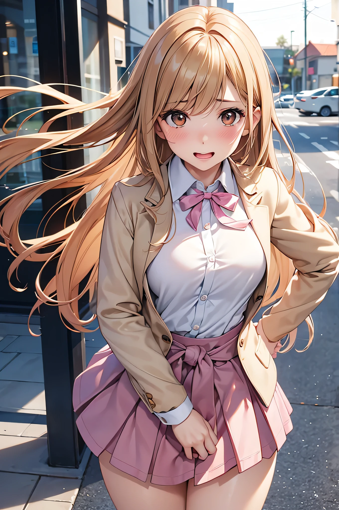  adult woman laughing, Alone,  sexy,8K resolution,(( best quality)), ultra high resolution, ( embarrassed face), ( Brown Eyes ),  beautiful symmetrical face , ( golden long hair), pink cardigan ,White shirt, uniform skirt,Realistic:1.4,Realistic:1.4,(masterpiece:1.2), perfect eyes,Perfect Eyes, anatomically correct human body ,Perfect waist,Perfect thighs