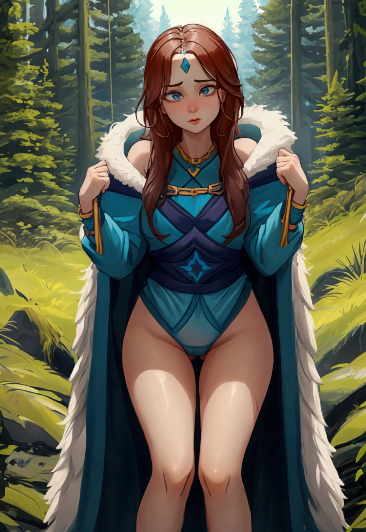 Лучшее качество Rilay from DOTA really wants to pee in the winter forest. She holds on to her crotch with all her strength, but her panties get wet. she is very embarrassed. tries to hold his crotch and avoid eye contact. У неё длинные ноги. Большая круглая  грудь. Full length photo