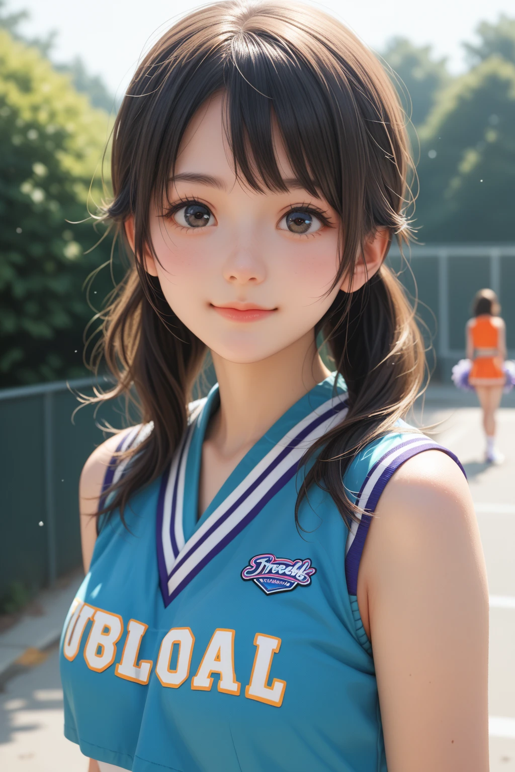 score_9,score_8_up,score_7_up,BREAK, rating_safe,source_real,one girl,tiny,medium shot,round face,round chin,idol eyes,black eyes,cheerleader uniform,small nose,small mouth,straight hair,smile,looking at viewer,medium breasts,outdoors