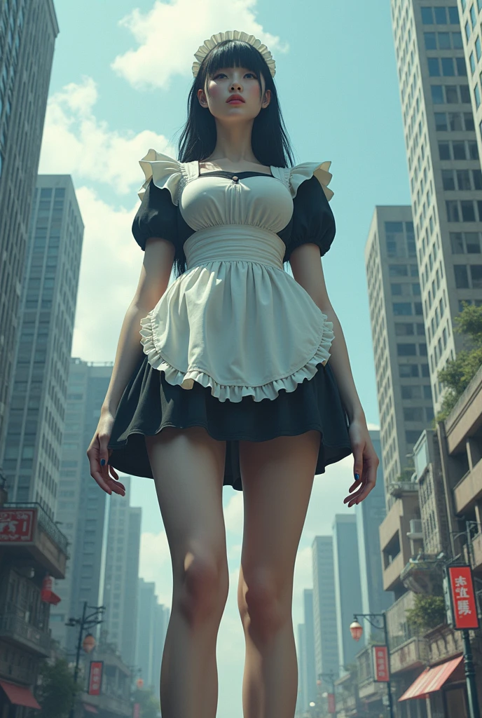 The building collapses、Urban hustle and bustle、Traffic jam、City of Rubble、street tree、((((Azur Lane Cheshire))))、Maid clothes、Super huge breasts、Plump thighs、Ground View，City of Giants,500 foot tall giant girl，skyscraper,Has super long legs,Step into the crowd，There are many people on the street,Knee-high socks，She has waist-length black hair，Wear Mary Jane heels，A happy look，Standing on the ruins，Beautiful appearance，Exquisite makeup，quality，8k，高quality，Perfect Proportions, Cinema Lighting，Film Grain，The Colors of Fuji，8k，Textured skin，Super Detail，High detail，high quality，High resolution，explode，False Smile,Show your pants