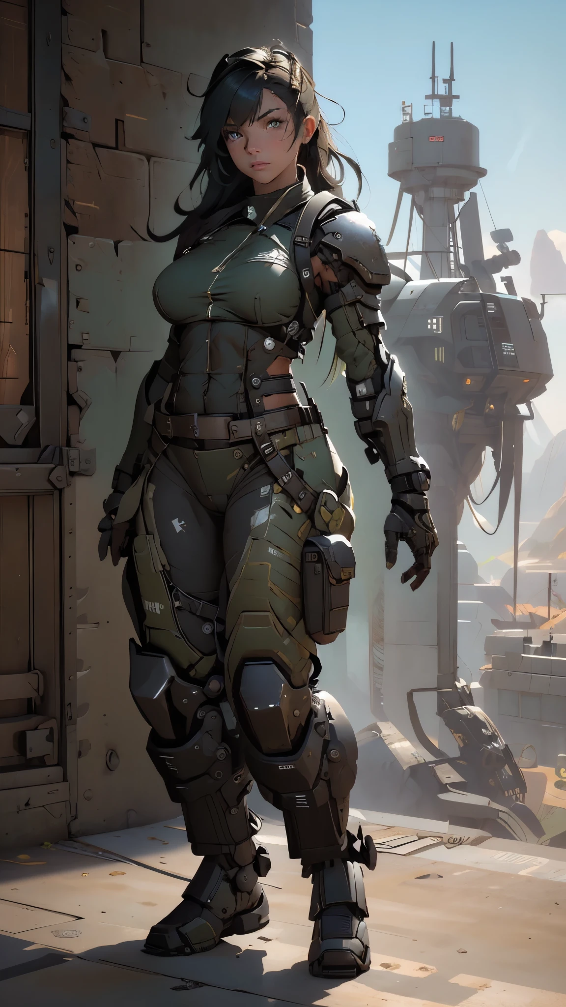 Beautiful female soldier in a green uniform holding a gun, tattered military gear, mechanized soldier girl, oversized mechanical exoskeleton arms and legs, inspired by Masamune Shirow, girl in mecha armor, mechanized valkyrie girl, cushart kenz, ry girl, Bare Skin, Athletic Well Toned Body, sweaty skin, Barely Clothed, cammo patterns, Beautiful Face, dieselpunk Theme, Fiverr Dnd Character, Octane Render, Digital Art, Extreme Detail, 4k, Ultra Hd, Polished, Beautiful, Hyperdetailed, Intricate, Elaborate, Meticulous, Photorealistic, Sharp Focus, Wlop, Character Design, Unreal Engine, 3d Rendered, Volumetric Lighting, Reflections, Glossy, Digital Illustration, Pose, Suggestive Pose, Lewd, Full Body Shot, naked, nude, uncovered breasts, exposed breasts, exposed crotch, vissible nipples, puffy vagina, anatomically correct 💖❤💕💋