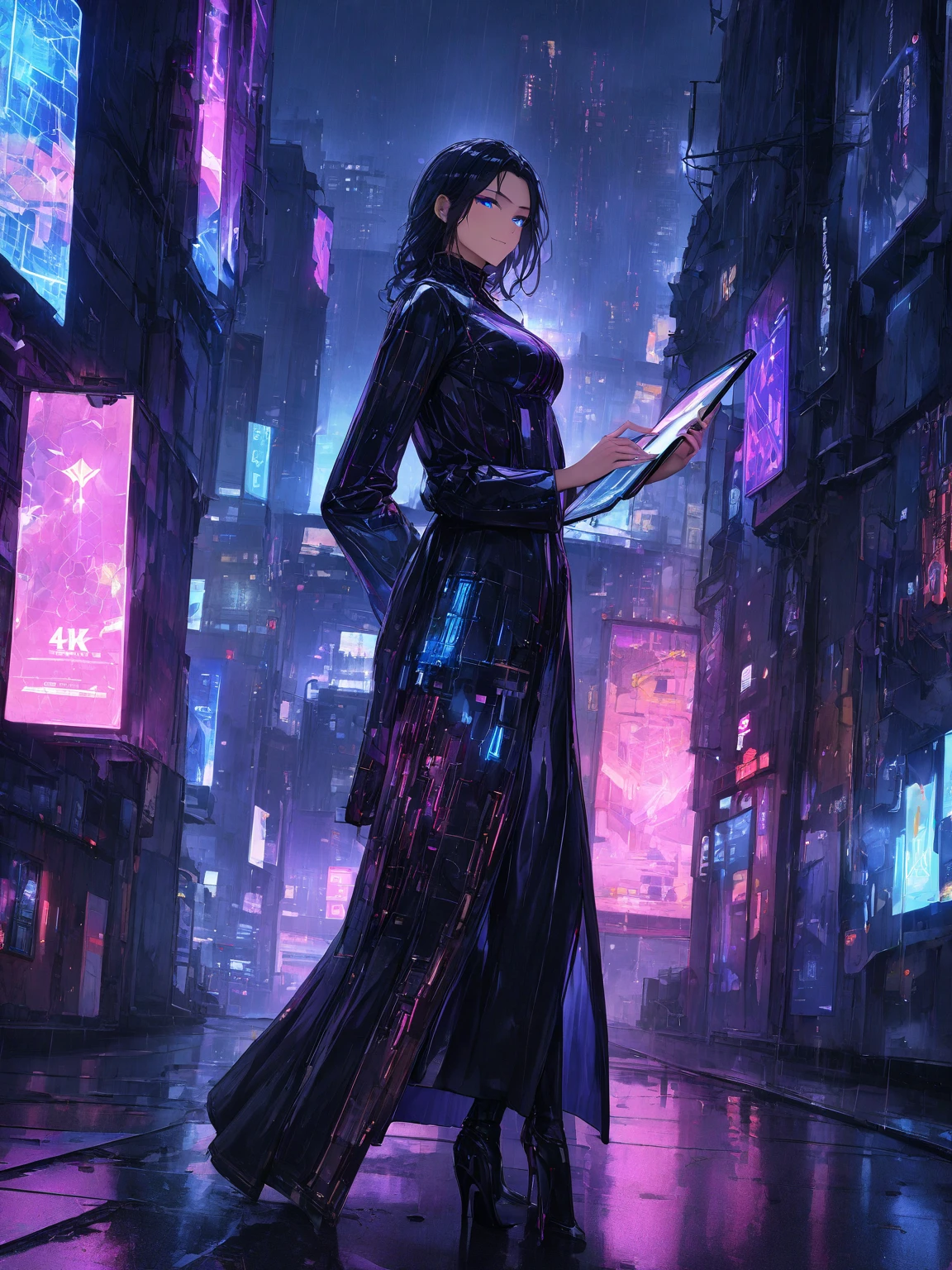 (highest quality, 4k, 8K high resolution, masterpiece:1.2), absurd, Detailed textures, (Perfect anatomy), Smooth skin, 

1 girl, Looking at viewer, cyborg information broker, slim and elegant figure, cybernetic right arm with glowing blue circuits, long wavy black hair, wearing a sleek black trench coat with digital holographic patterns, standing in a dark alleyway with flickering neon signs, holding a holographic tablet, confident smirk, (a mysterious and cunning), glowing eyes reflecting digital data, futuristic cityscape background, moody lighting, rain falling softly, (perfect anatomy), 