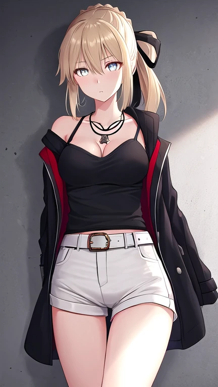 1girl, solo, blonde hair, yellow eyes, bangs, breasts, braid, sidelocks, medium breasts, hair between eyes, long hair,  ponytail, cleavage, collarbone,
BREAK ribbon, hair ribbon, bare shoulders, belt, black jacket, jacket, jewelry,  necklace, off shoulder, official alternate costume, shorts, white belt, black ribbon, shirt, black shirt, black shorts, camisole, open clothes, short shorts,
BREAK looking at viewer, expressionless,
BREAK standing, 
BREAK from below, (cowboy shot:1.2),
BREAK (indoor, white wall, white floor, white room:1.2),
BREAK (masterpiece:1.2), (best quality, high resolution:1.1), unity 8k wallpaper, (illustration:0.8), (beautiful detailed eyes:1.6), extremely detailed face, perfect lighting, extremely detailed CG, (perfect hands, perfect anatomy),