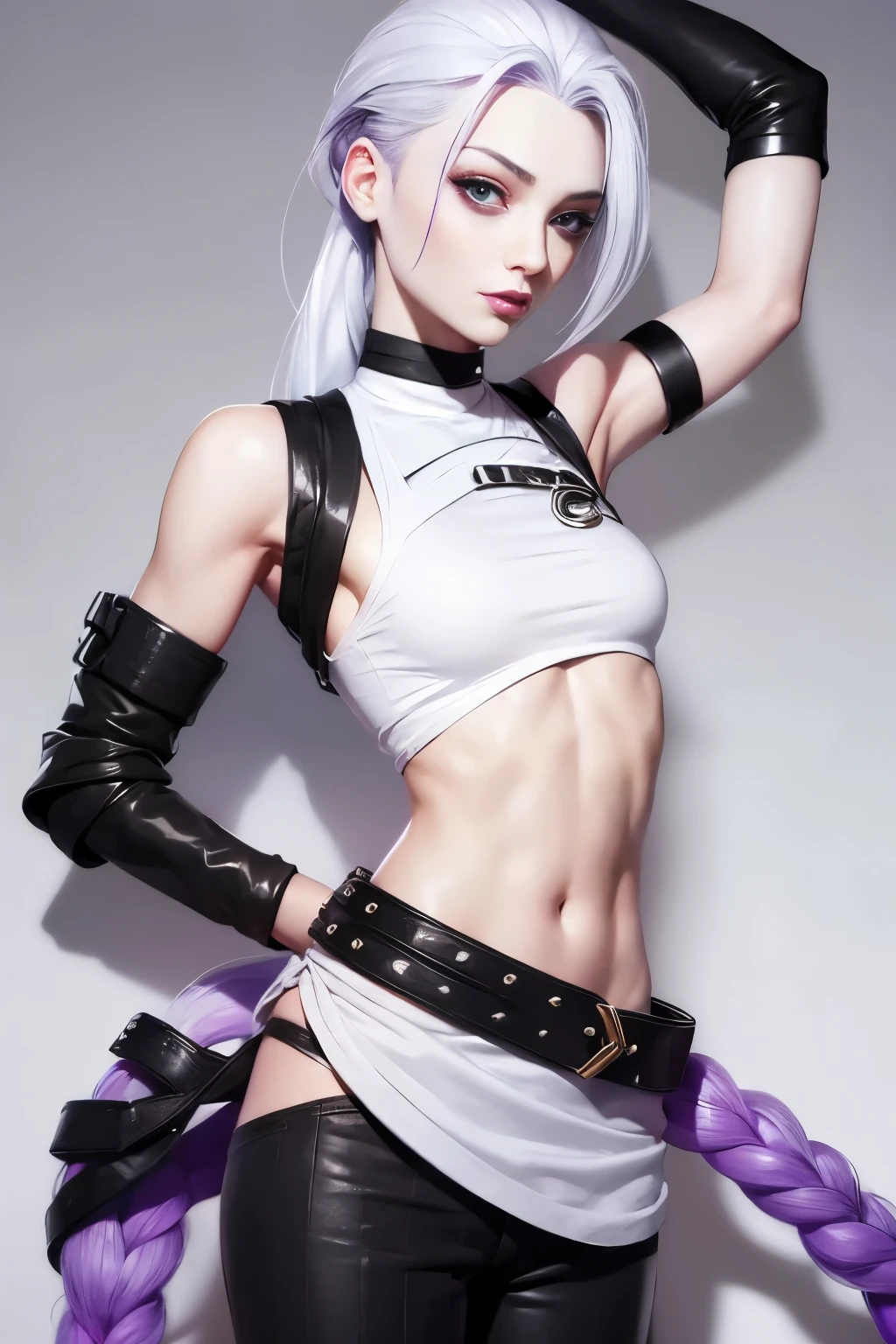 tmasterpiece,Best quality at best,A high resolution,8K，Focus on thighs and above,RAW photogr,digital photography,(Sci-fi style female scientist),20 year old girl,Long ponytail hairstyle,through bangs,(a purple eye),(White hair),Plump,Chopping,Elegant and noble,Serious and indifferent,Open white coat,Black camisole bra,rich details​,shut up,Expose your navel,Intricate ornaments,Cyberpunk futuristic style,(Female Scholar),Photo pose,white backgrounid,oc render reflection texture