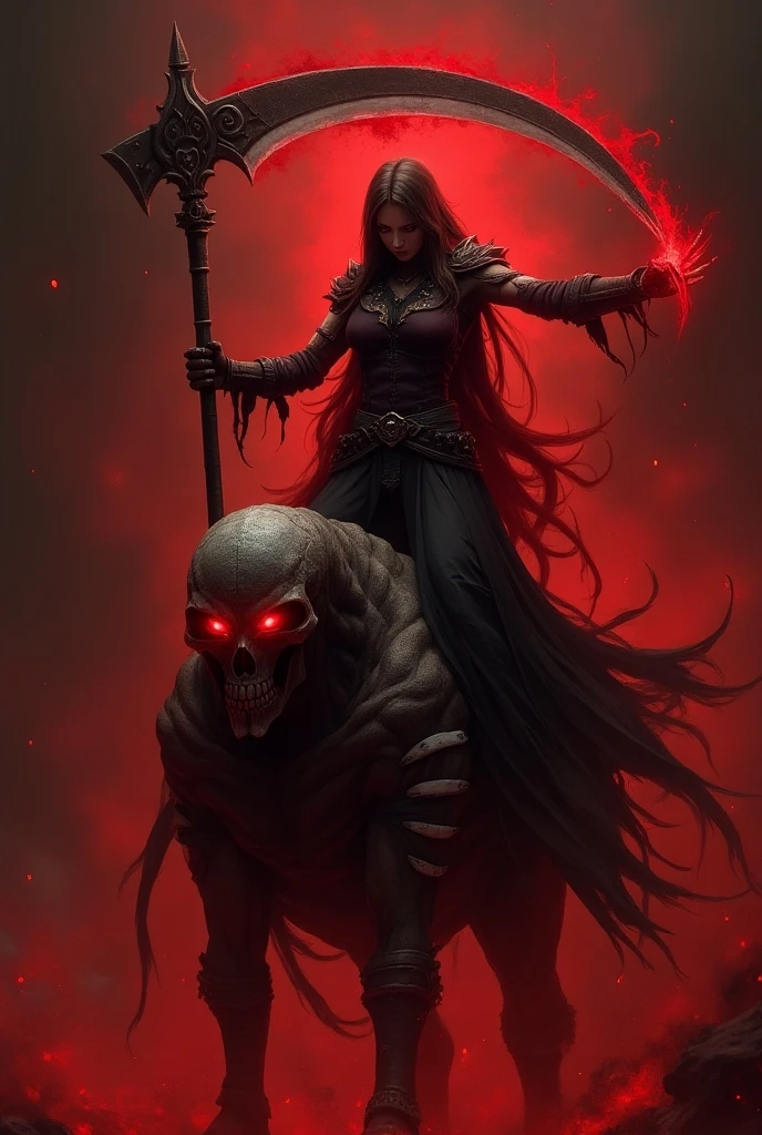 The image shows a dark and powerful scene in a haunted forest environment., with twisted branches and a dark, threatening sky. En el centro de la imagen, a female figure is standing, she has long black hair, holding a spear in his left hand and the decapitated head of a monstrous creature in his right hand. The woman wears detailed black armor, and his eyes shine in shades of gold. The creature whose head is being held has a vampiric appearance, with pale skin, sharp teeth and pointy ears. Blood can be seen dripping from the decapitated creature's neck. The creature's expression is fierce, with closed eyes and open mouth, revealing his teeth.
The female figure appears to be a warrior or huntress in a triumphant pose, suggesting that she just defeated the monster O fundo da imagem é envolto em escuridão, with pointed ears. Blood can be seen dripping from the decapitated creature's neck. The creature's expression is fierce, with closed eyes and open mouth, revealing his teeth.
The female figure appears to be a warrior or huntress in a triumphant pose, suggesting that she just defeated the monster. The background of the image is shrouded in fog and darkness., with twisted trees that add to the macabre atmosphere of the scene.
The image has a predominantly dark color palette., with shades of purple, blue and black.