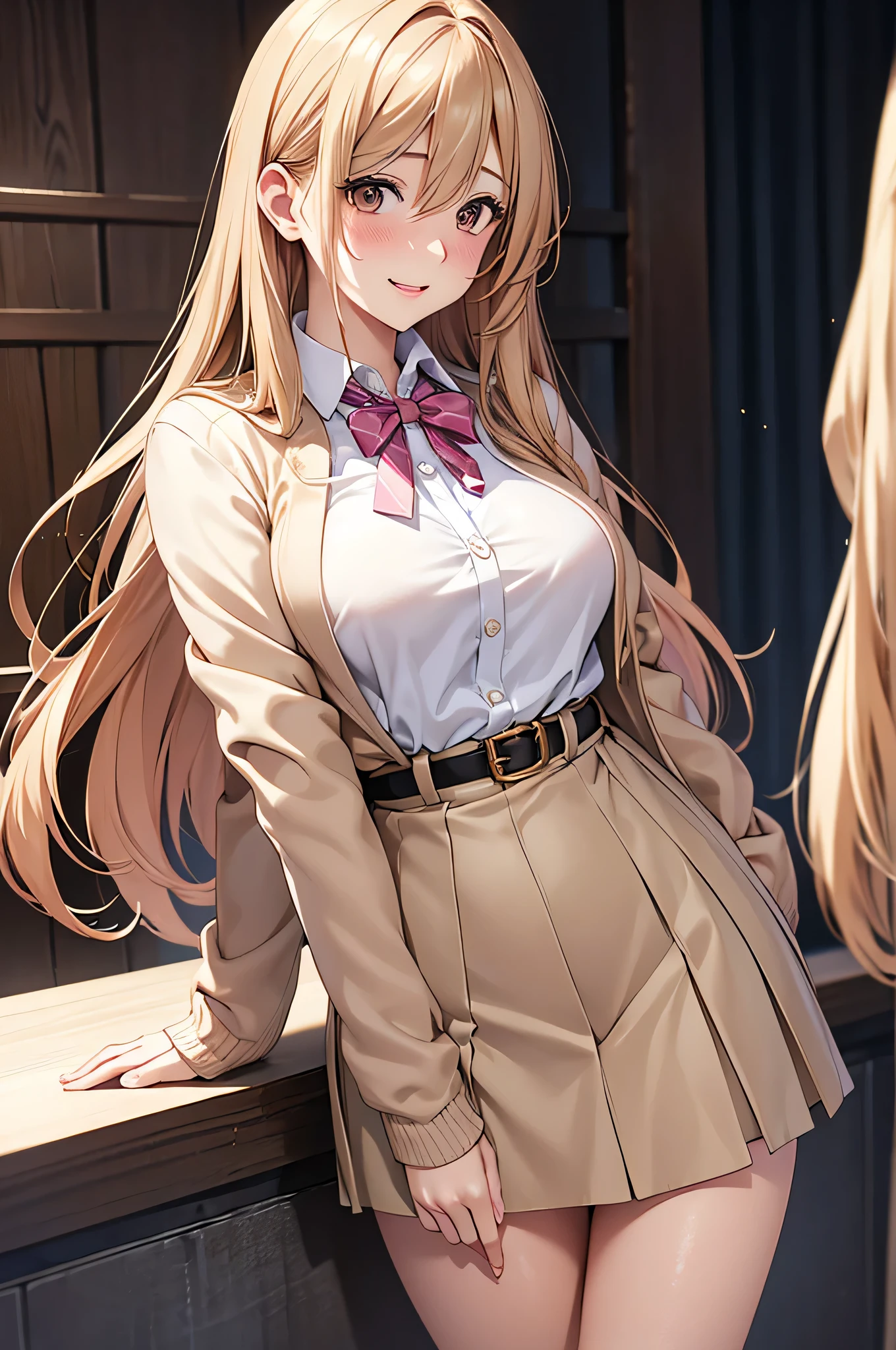  adult woman laughing, Alone,  sexy,8K resolution,(( best quality)), ultra high resolution, ( embarrassed face), ( Brown Eyes ),  beautiful symmetrical face , ( golden long hair), pink cardigan ,White shirt, uniform skirt,Realistic:1.4,Realistic:1.4,(masterpiece:1.2), perfect eyes,Perfect Eyes, anatomically correct human body ,Perfect waist,Perfect thighs