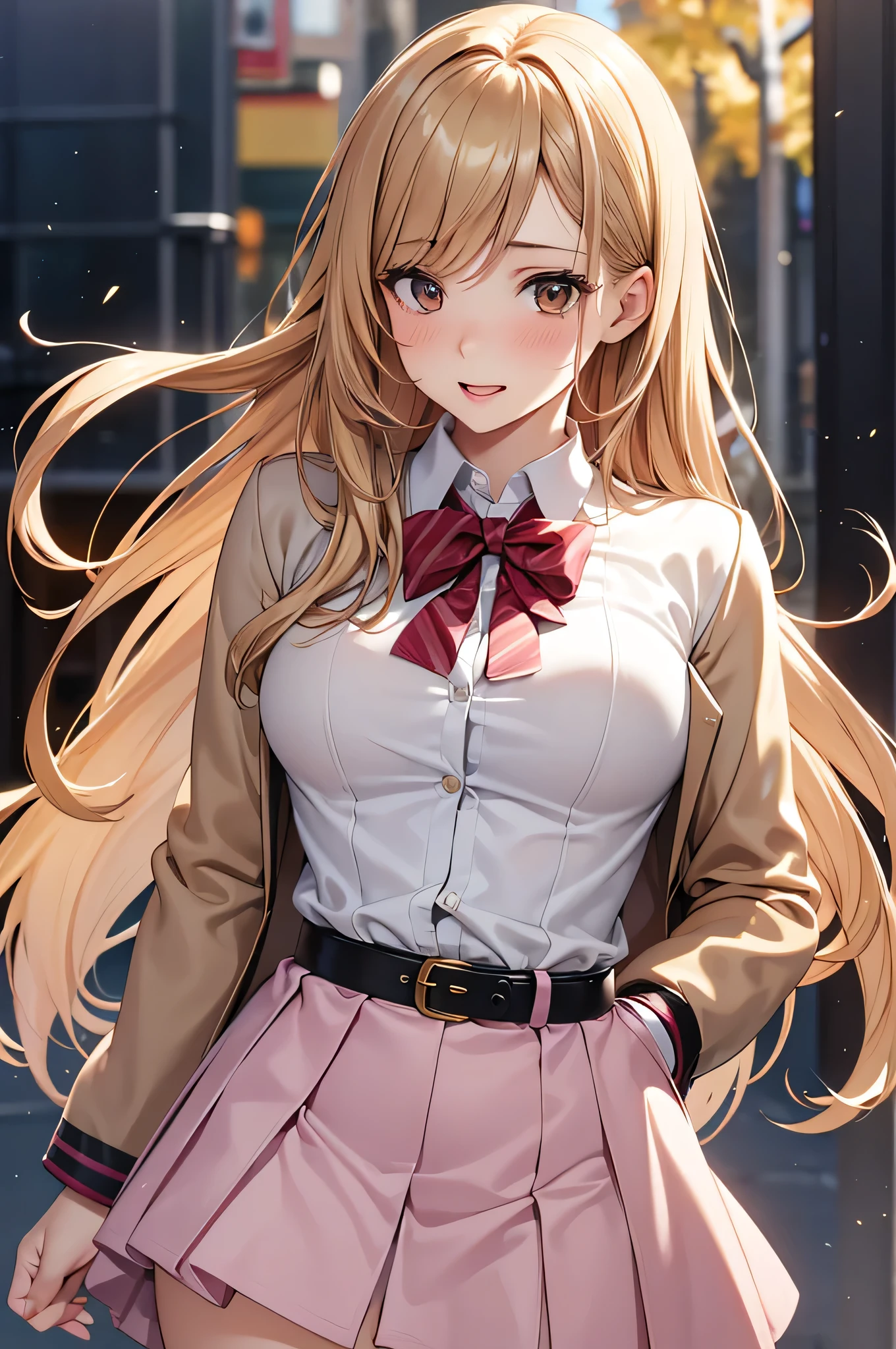  adult woman laughing, Alone,  sexy,8K resolution,(( best quality)), ultra high resolution, ( embarrassed face), ( Brown Eyes ),  beautiful symmetrical face , ( golden long hair), pink cardigan ,White shirt, uniform skirt,Realistic:1.4,Realistic:1.4,(masterpiece:1.2), perfect eyes,Perfect Eyes, anatomically correct human body ,Perfect waist,Perfect thighs