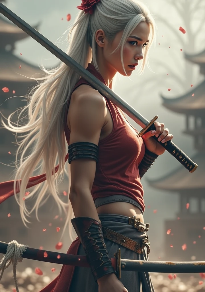 (Best quality,A high resolution,Realistic:1.37),Delicatemakeup,Fine strands of hair,Red clothing, White hair, Girl, Mulan,There are stab wounds on the face,(katana swords), serene, Beautiful, ((Expressive movements)),Splashes of red paint,Human anatomy is correct,Siege,