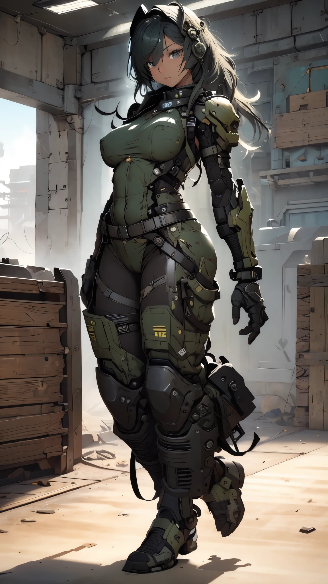 Beautiful female soldier in a green uniform holding a gun, tattered military gear, mechanized soldier girl, oversized mechanical exoskeleton arms and legs, inspired by Masamune Shirow, girl in mecha armor, mechanized valkyrie girl, cushart kenz, ry girl, Bare Skin, Athletic Well Toned Body, sweaty skin, Barely Clothed, cammo patterns, Beautiful Face, dieselpunk Theme, Fiverr Dnd Character, Octane Render, Digital Art, Extreme Detail, 4k, Ultra Hd, Polished, Beautiful, Hyperdetailed, Intricate, Elaborate, Meticulous, Photorealistic, Sharp Focus, Wlop, Character Design, Unreal Engine, 3d Rendered, Volumetric Lighting, Reflections, Glossy, Digital Illustration, Pose, Suggestive Pose, Lewd, Full Body Shot, naked, nude, uncovered breasts, exposed breasts, exposed crotch, vissible nipples, puffy vagina, anatomically correct 💖❤💕💋