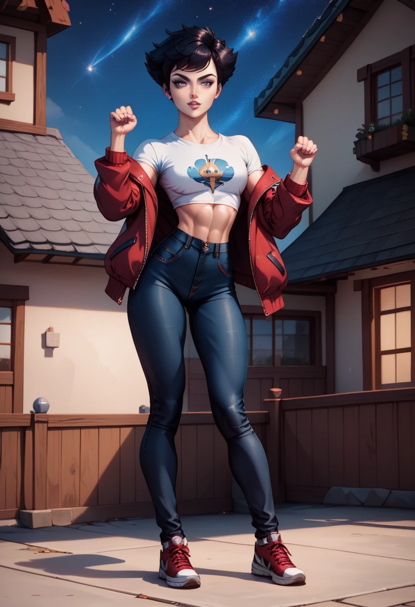 (masterpiece, best quality, cinematic angle, detailed, intricate, realistic proportions) a beautiful, strong, fit, stunning, slim, sporty, thin, athletic girl (short hair, small boobs, legs are longer than a body, ), with extreemly short black hair, with fit and lean body, with super narrow waist, wasp-waist, fit thighs , long legs are longer than the body, pale skin, super small boobs, wearing a red jacket, black jeans and black t-shirt, standing on the roof (standing on the roof overlooking a small cozy town with a 80's vibe), night time with starry sky, full body lenght, in cool pose.