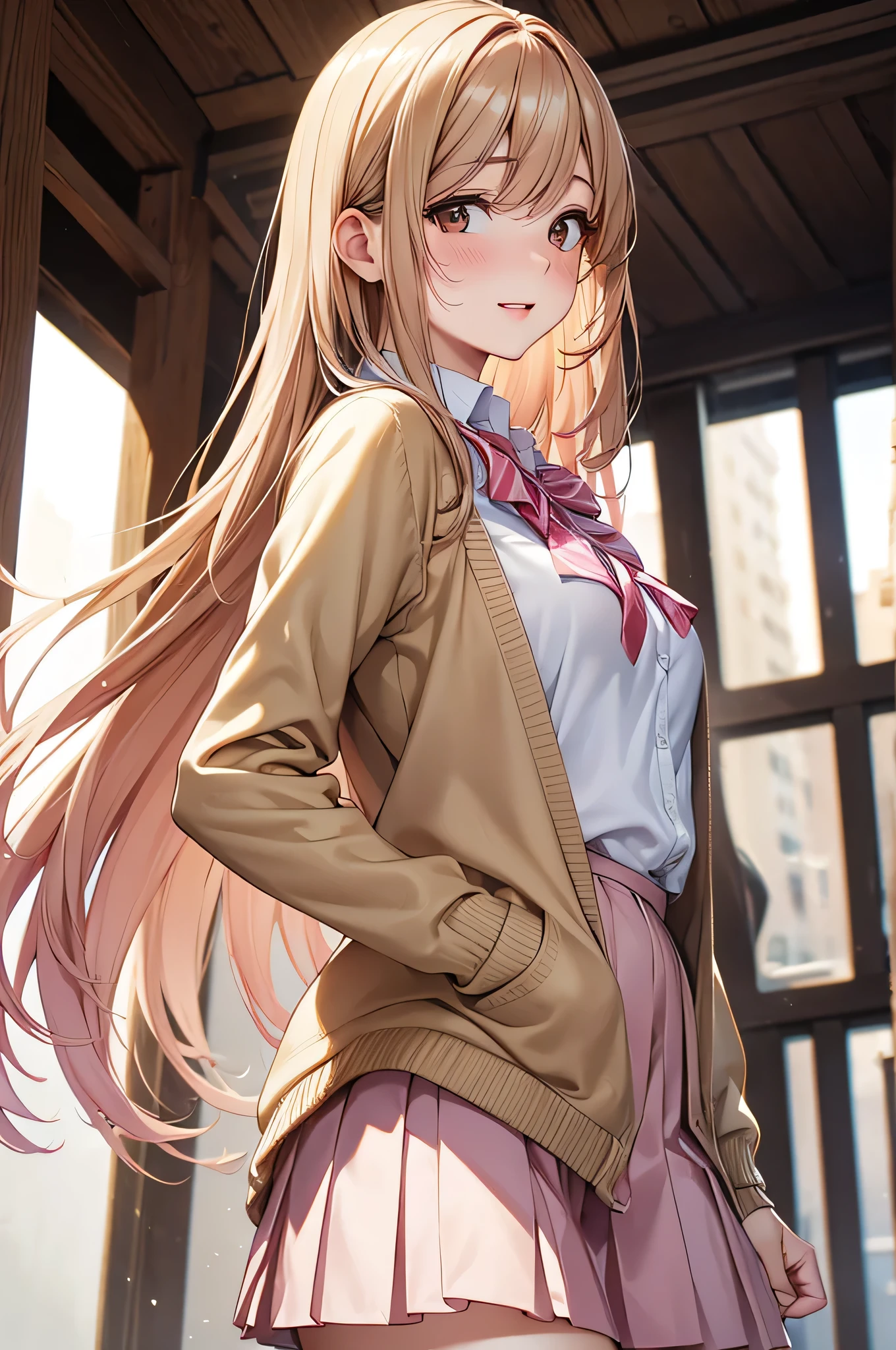  adult woman laughing, Alone,  sexy,8K resolution,(( best quality)), ultra high resolution, ( embarrassed face), ( Brown Eyes ),  beautiful symmetrical face , ( golden long hair), pink cardigan ,White shirt, uniform skirt,Realistic:1.4,Realistic:1.4,(masterpiece:1.2), perfect eyes,Perfect Eyes, anatomically correct human body ,Perfect waist,Perfect thighs