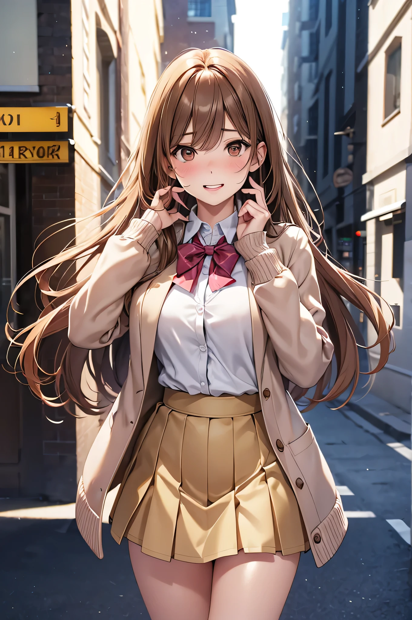  adult woman laughing, Alone,  sexy,8K resolution,(( best quality)), ultra high resolution, ( embarrassed face), ( Brown Eyes ),  beautiful symmetrical face , ( golden long hair), pink cardigan ,White shirt, uniform skirt,Realistic:1.4,Realistic:1.4,(masterpiece:1.2), perfect eyes,Perfect Eyes, anatomically correct human body ,Perfect waist,Perfect thighs